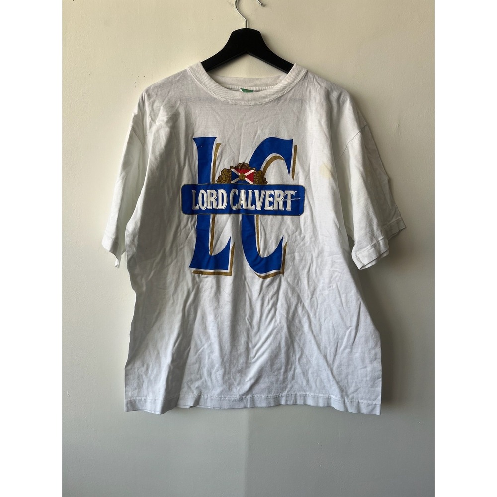 Vintage Lord‎ Calvert Shirt Mens Large White Graphic Promo Tee Distressed 90s